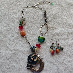 Vintage Silver Tone Glass Ceramic Beaded Choker Necklace & Pierced Earring Set